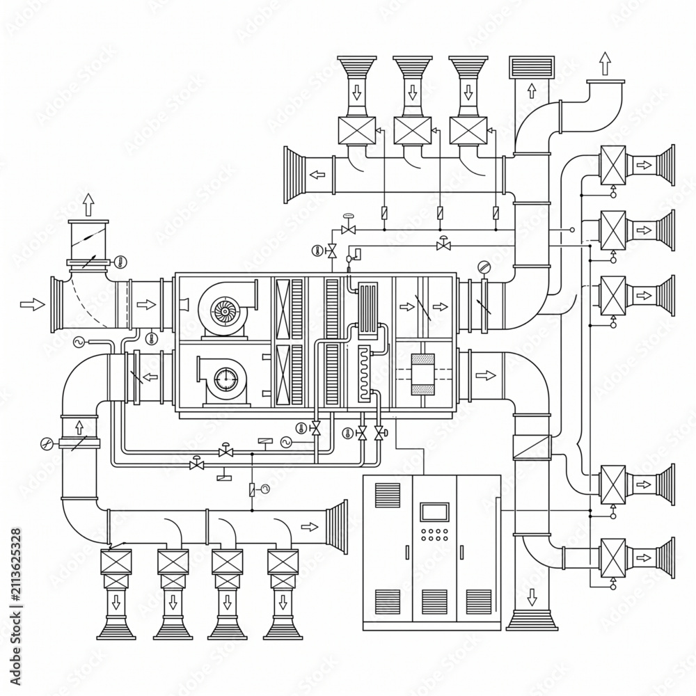 Obraz premium Industrial HVAC Air Handling Unit System Blueprint Vector Illustration