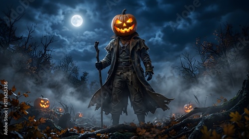 Scary figure with a glowing pumpkin head in a dark misty forest