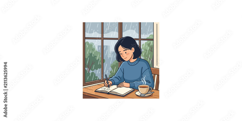 Fototapeta premium A focused young woman writing in her notebook at a table.