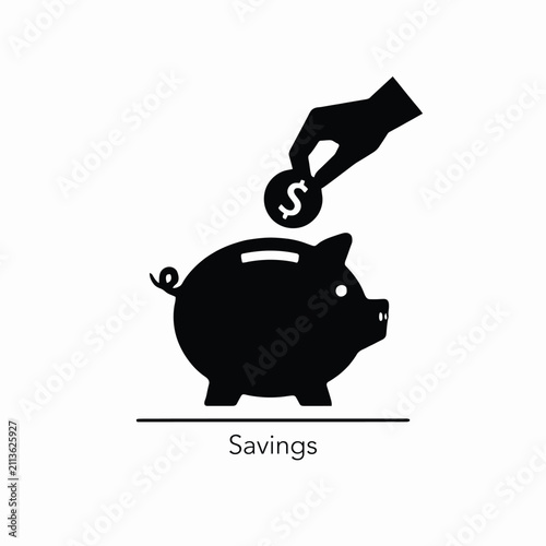 Black silhouette of a piggy bank with a hand depositing a dollar coin on a white background banking black and white