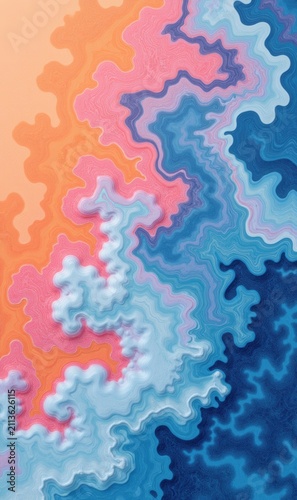 Fractal Cloud Pattern In Sunset Orange And Ocean Blue, Coral Pink, Warm Orange And Deep Blue, Perfect for Mobile Wallpaper Design, Fashion Textile Print And Abstract Art Poster