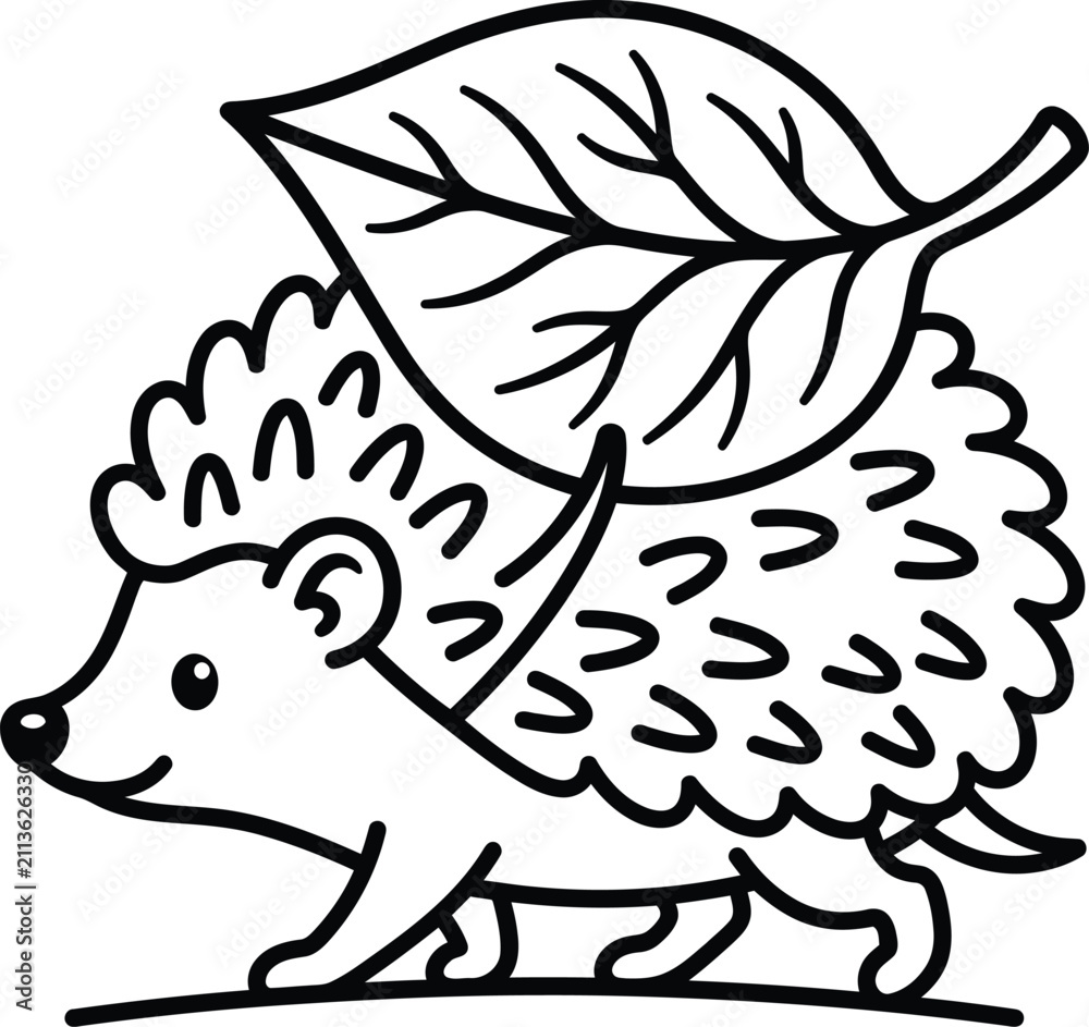 Obraz premium Cute hedgehog coloring page, forest animal line art, autumn leaf vector icon