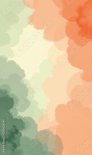 Puffy Cloud Silhouettes In Sage Green And Coral Peach, Sage Green, Coral Peach And Cream, Perfect for Nursery Product Design, Greeting Card Background And Home Decor Wallpaper