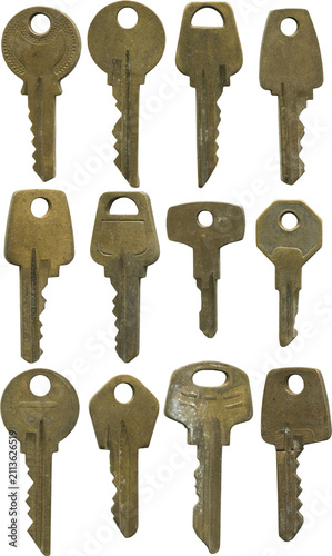 Collection of tarnished vintage brass keys with rustic textures isolated on transparent background