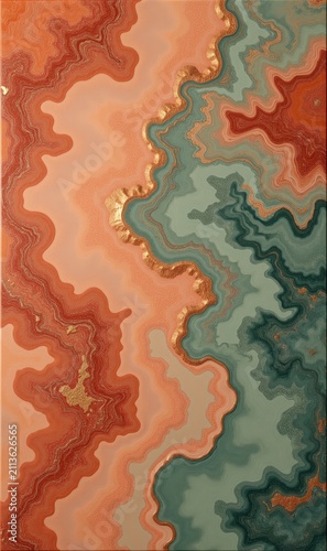 Symmetrical Agate Marble Slab In Rust Orange And Teal, Rust Orange, Teal Green And Gold, Perfect for Luxury Packaging Design, Jewelry Branding And Interior Tile Pattern