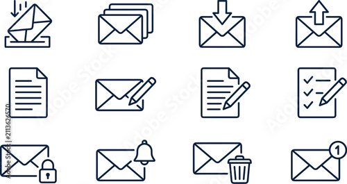 Bild auf Leinwand Minimalist dark blue line email and office workflow icon set featuring envelopes