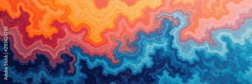 Wide Fractal Marble Wave In Sunset Orange And Deep Blue, Sunset Orange, Fiery Red And Navy Blue, Perfect for Music Event Poster, Sports Energy Branding And Abstract Banner Design