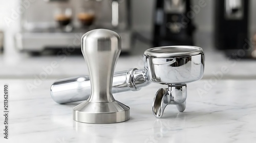 Stainless steel espresso tamper and portafilter on marble.