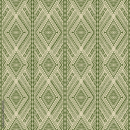 Olive Green Ikat Geometric Seamless Pattern with Folk Diamond Ornament