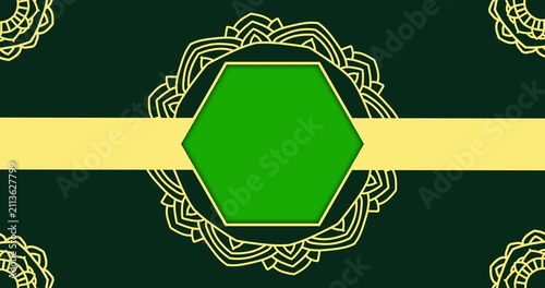 Luxury Golden Mandala Pattern with Hexagonal Frame on Deep Green Background. Perfect for Islamic Greeting Card, Award Certificate, Premium Packaging, Eid Mubarak Poster and Religious Celebration Decor