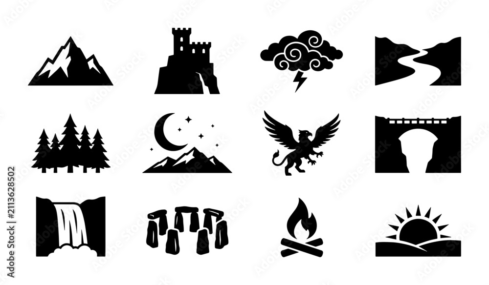 Fototapeta premium Fantasy Landscape Icons Set, Mythical Creature and Nature Elements, Medieval Castle and Ancient Stone Circle Graphics, Vector Symbols for Adventure and Storytelling