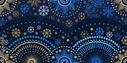 Snowflake pattern with radial and geometric elements dark blue background