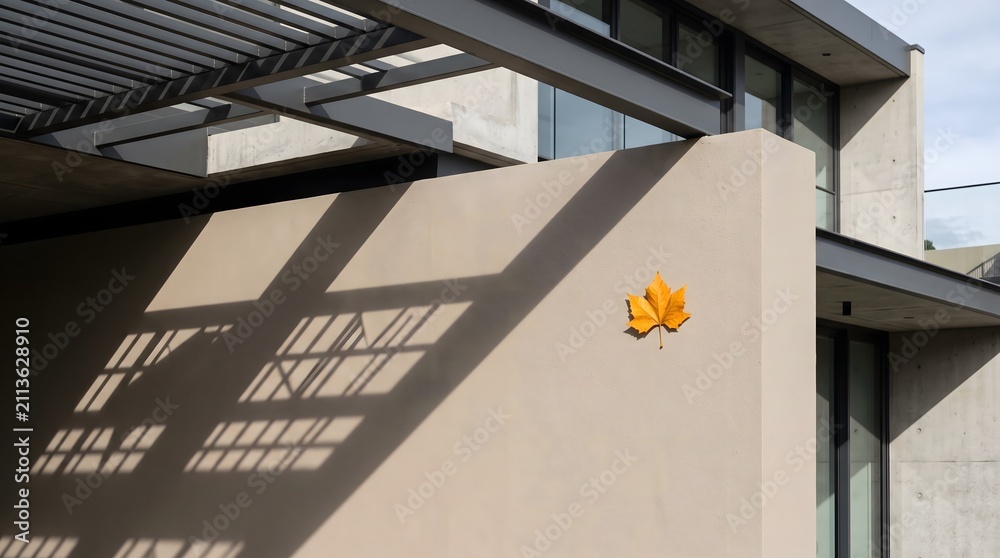 Fototapeta premium An autumn maple leaf on a modern concrete building facade, with geometric shadows cast by the sunlight. AI generated.
