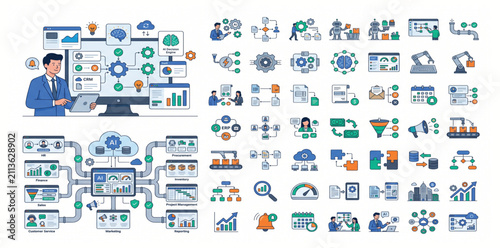 Business Intelligence Workflow Vector Illustration Set