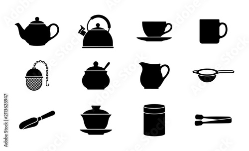 Bild auf Leinwand 12 Black Silhouette Tea Set Icons: Teapot, Kettle, Cup, Saucer, Sugar Bowl, Crea
