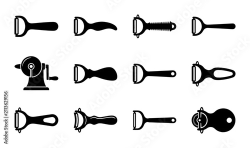 Bild auf Leinwand Kitchen Peeler Icons Set, Vegetable Slicer Tools Collection, Food Preparation Ga