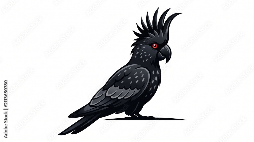 Fototapeta premium Black Cockatoo Bird with Red Eyes and Crest - Vector Art