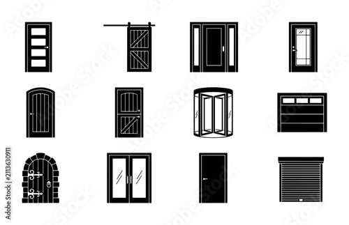 Vector Icons Set: Diverse Door Styles, Entryways, Entrances, Architectural Elements, Modern and Traditional Designs, Black and White Collection