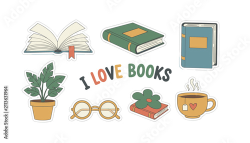 Collection of cute reading sticker designs featuring books, round glasses, a potted houseplant, and a hot coffee cup.