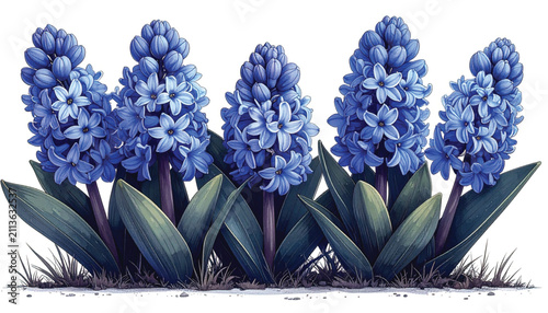 Vibrant Blue Hyacinth Flower with Dark Green Leaves and Grass, Detailed Vector Illustration