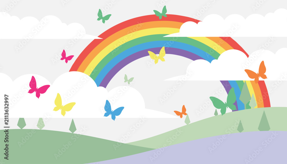 Naklejka premium Colorful rainbow arches over soft green rolling hills under a cloudy sky filled with fluttering multicolored butterflies.