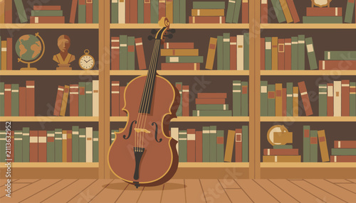 Classical double bass cello instrument leaning against wooden bookshelves filled with books in vintage library.