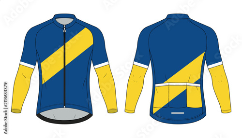 Front and back views of a modern long sleeve cycling jersey design with bold blue and yellow diagonal stripes.