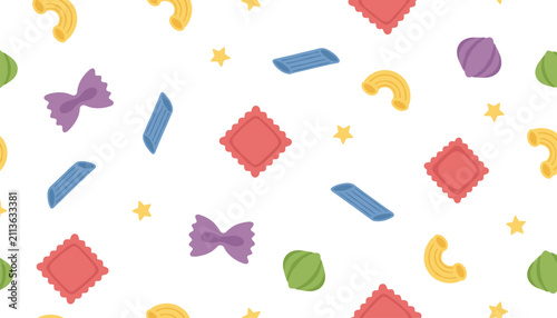 Seamless food pattern design featuring colorful pasta shapes like ravioli, bow tie, penne, and macaroni on white.
