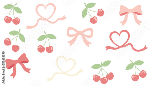 Cute romantic cherry and pink ribbon bow clip art set ideal for sweet greeting cards or custom fabric designs.
