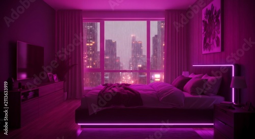 Cozy cyberpunk bedroom interior with neon lighting and rainy city view