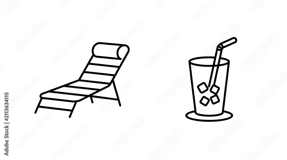 Fototapeta premium Beach chair and iced drink icons. Summer vacation symbols isolated on transparent background