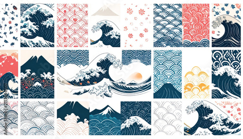 Dynamic Japanese Wave and Mountain Landscape Illustration in Ukiyo-e Style
