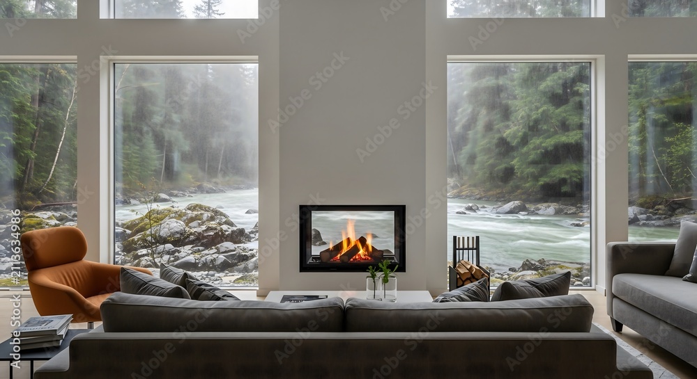 Obraz premium Modern living room interior with fireplace overlooking rainy forest river view