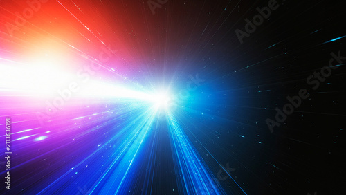 Quadro su tela Hyperspace portal effect with vibrant rainbow light streaks and bright white ene