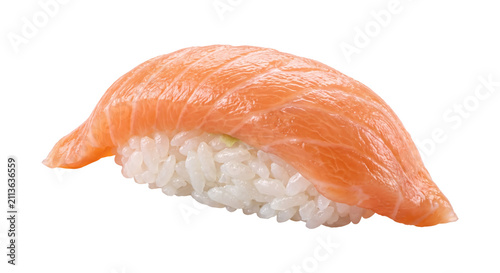 Fresh Salmon Nigiri Sushi Isolated on Solid Black Background