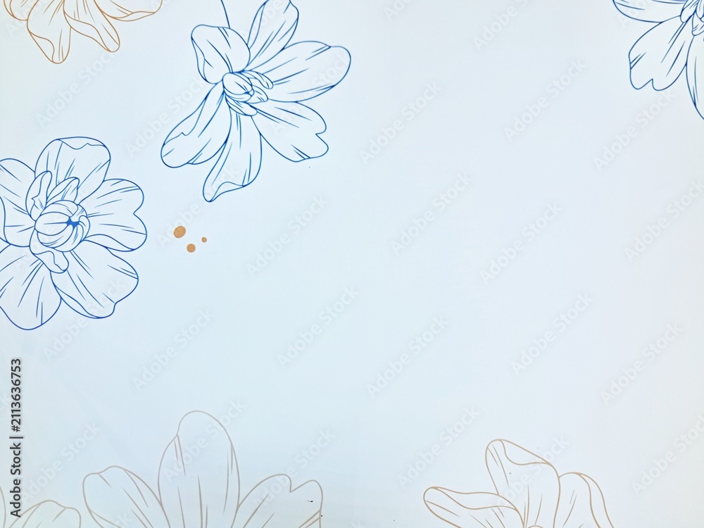 Fototapeta premium Floral line art illustration background with copy space, elegant blue flower outline pattern on white background for greeting card design.
