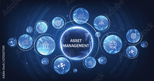 Asset management concept. Business investment asset management technology concept on a dark blue background.	