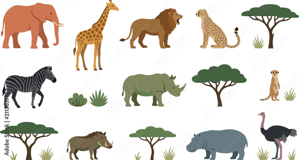 Obraz premium African Safari Wildlife Vector Illustration Set Featuring Elephant Giraffe Lion Cheetah Zebra Rhinoceros Warthog Hippopotamus Meerkat Ostrich and Acacia Trees