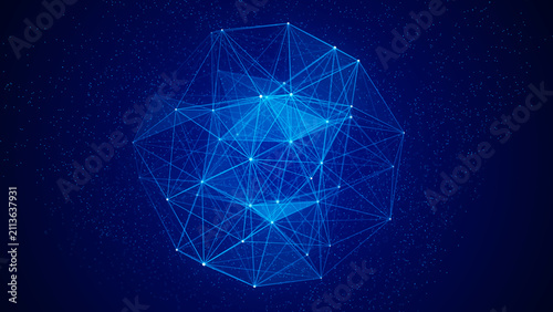 Blue glowing polygon sphere on dark background with connected lines and floating particles. Abstract digital globe for global network, data communication and futuristic technology design.