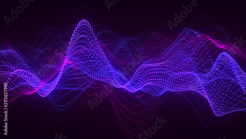 Purple digital wave of glowing particles and flowing mesh lines on dark background. Abstract technology landscape with futuristic data signal and energy flow.