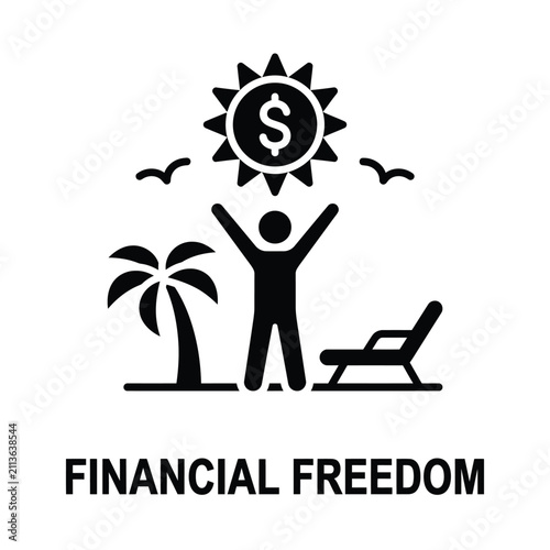 Fényképezés Financial freedom icon depicting a person celebrating with a sun and dollar sign