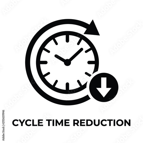 Clock with arrow and downward pointing arrow a black flat icon representing cycle time reduction reduction process improvement efficiency