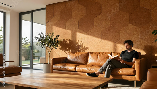 Wide shot of a relaxed male homeowner sitting on a leather sofa in front of a massive geometric cork panel wall.