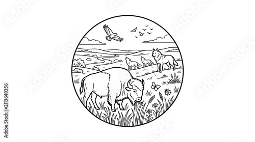 Clean Black and White Line Drawing of Wildlife Scene Featuring Bison Wolves Birds and Nature Elements in Circular Frame