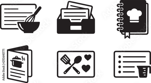 Six black and white food and recipe flat icons set Vector