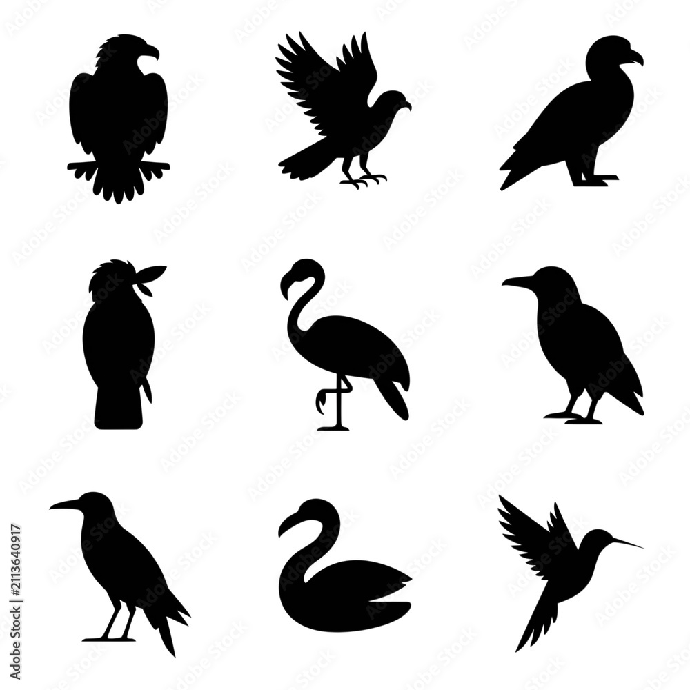 Obraz premium Collection of bird silhouettes for design projects. Artistic avian icons for creative use.