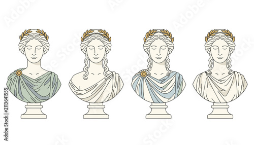 Classical set of Greek goddess statue busts with laurel wreaths, shown in four different color and drapery styles on a white background.