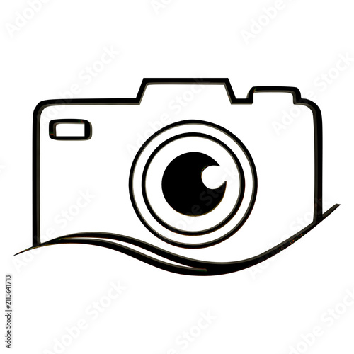 Minimalist camera icon with a stylized wave base, simple black line art design representing photography, media, and creative visual arts concepts isolated on transparent background