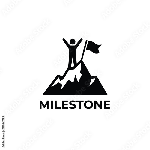 Obraz na plátně Mountain peak silhouette with figure raising a flag a symbolic representation of
