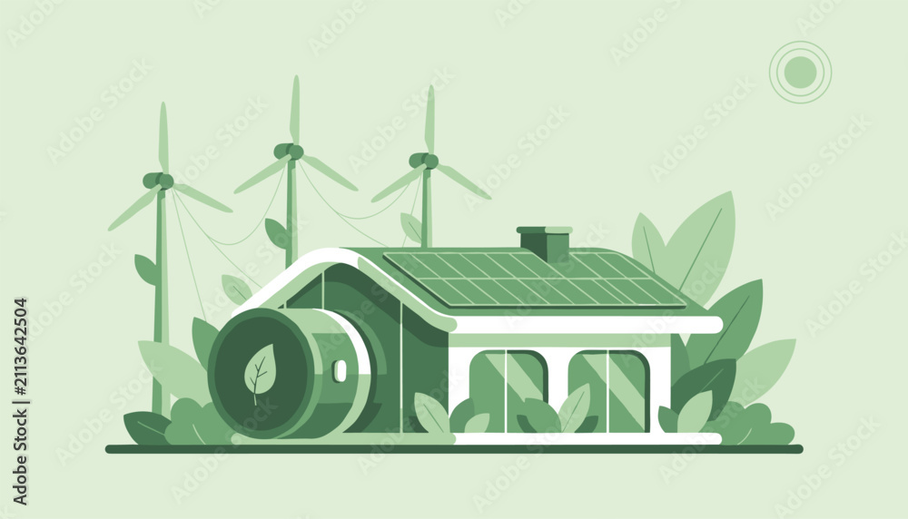 Obraz premium Eco friendly green house illustration with solar panels and wind turbines representing clean sustainable energy.